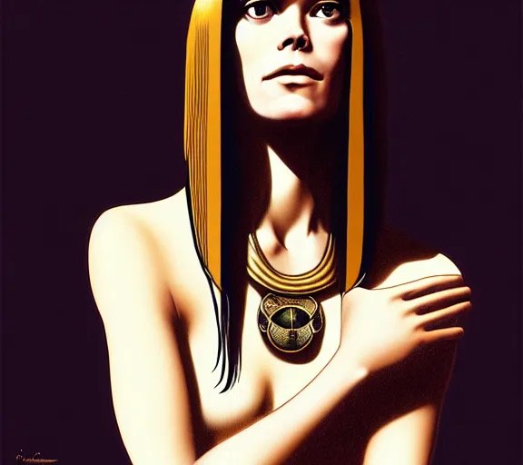 Image similar to photography young francoise hardy with hands - up and hairy armpits, dressed like cleopatra, deep focus, intricate, elegant, highly detailed, digital painting, artstation, concept art, matte, sharp focus, illustration, art by artgerm and greg rutkowski and alphonse mucha and gil elvgren