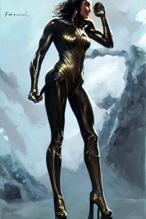 Prompt: a stunning full body portrait of Gal Gadot wearing a metallic full body catsuit, fantasy art by Frank Frazetta and Boris Vallejo, highly detailed, trending on artstationhq