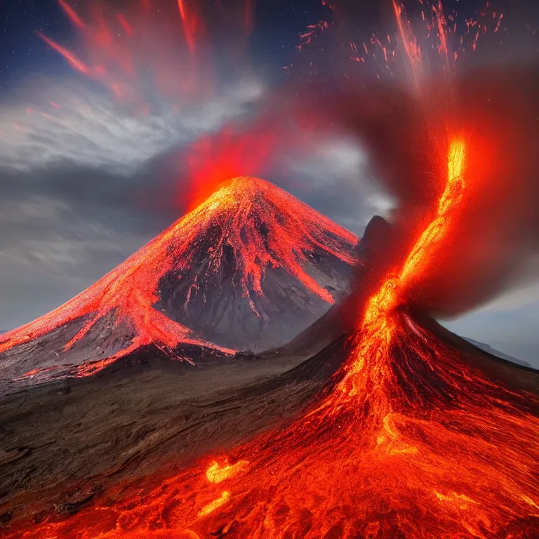 Image similar to a volcanic eruption looks like a beautiful mountain, from which flowers and stars, exotic plants come out instead of lava, all this happens in some kind of fantasy world, almost like in the sky or all in the amazing outdoors view, long exposure, 8 k resolution, trending on artstation