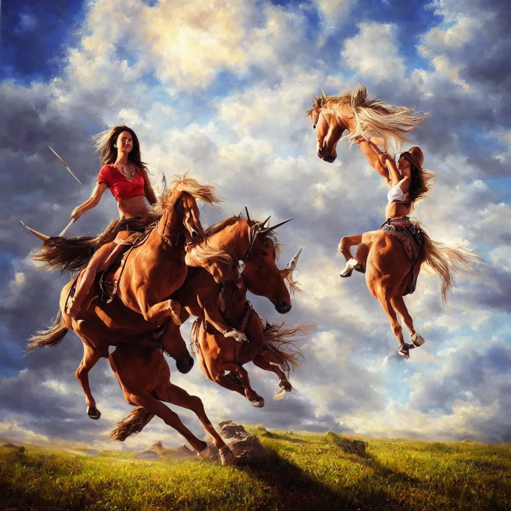 Prompt: Mark Magiori oil painting of a cowgirl on a unicorn, supercell cloud, extremely beautiful, amazing painting, HD, 8K, very detailed, photorealistic, hyperrealism