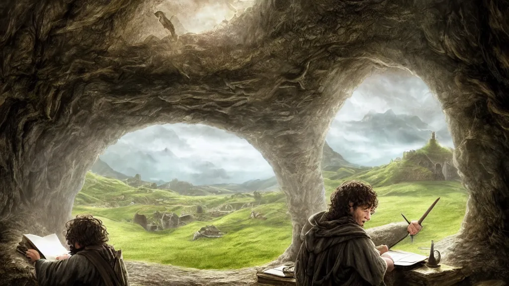 Prompt: frodo writing in his journal inside his hobbit hole bag end at the end of his journey, hobbiton visible through a window, by alan lee, michal karcz, smooth details, lord of the rings, game of thrones, smooth, detailed terrain, oil painting, trending artstation, concept art, fantasy matte painting, over the shoulder shot
