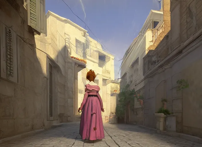 Image similar to a woman in a fed skirt walking the narrow streets of athens, painted by, mc escher, gordon onslow ford, georgia o'keeffe and ivan aivazovsky, cinematic light, god rays, colourful, unreal engine, zbrush central,