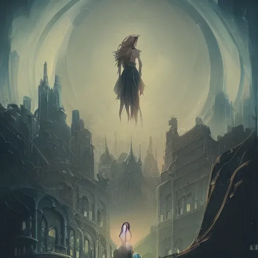 Image similar to a detailed illustration of a weeping woman against the background of a ravaged city and a dark moonlit sky, artstation, by Peter Mohrbacher, Art Nouveau, sophisticated, Unreal engine, dystopia, anti-utopia, post processing, nostalgic melancholic artwork, intricate