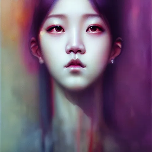 Image similar to jisoo of blackpink, hyperrealistic portrait, bladerunner street, by karol bak and agnes cecile, fantasy art, photo realistic, dynamic lighting, artstation, poster, volumetric lighting, very detailed face, intricate complexity, rule of thirds, 8 k, award winning, trending