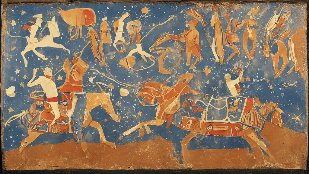 Prompt: an astronaut holds a horse, a horse is a ball, a horse riding an astronaut, decorative minoan mural