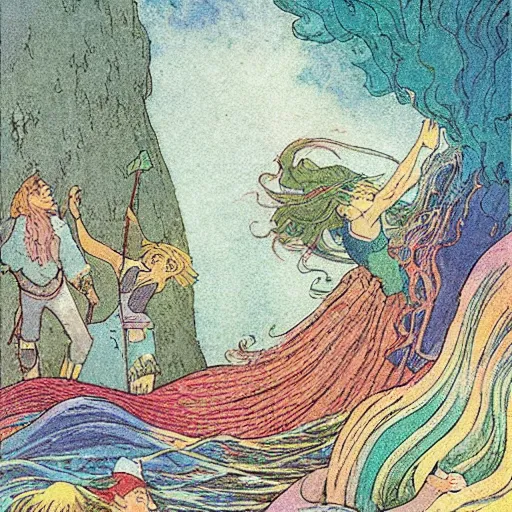 Image similar to an extremely colorful depiction of the wave scene from peter beagle ’ s the last unicorn, from a book of fairy tales illustrated by edmund dulac