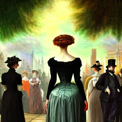 Prompt: portrait of a victorian lady within a crowd of people in a futuristic city, from behind, streets, angels in the sky, trees, beautiful, solarpunk!!!, highly detailed, digital painting