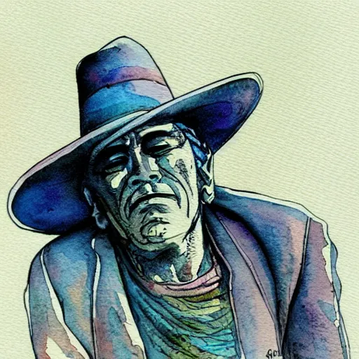 Prompt: a 3 / 4 view watercolor ink painting of an man sits and upper him old mexican magician closes his eyes, in the style of jean giraud in the style of moebius trending on artstation deviantart pinterest detailed realistic hd 8 k high resolution