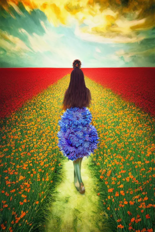 Image similar to giant corn flower head, girl walking in a flower field, surreal photography, dead body, dramatic light, impressionist painting, colorful clouds, digital painting, walter white, uncanny valley