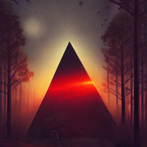 Image similar to black obsidian pyramid!! in a jungle, with a silhouette of humanoid creature by eugene von guerard, ivan shishkin, night, red lightning!!, night!, dramatic lighting, concept art, trending on artstation, 8 k