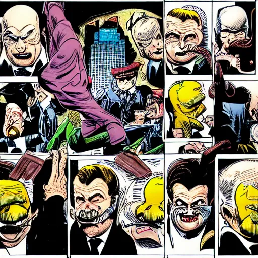 Prompt: drawing of 1 4 tiny jokers crawling out the mouth of gotham city's finest investigative reporter, 4 k art by brian bolland