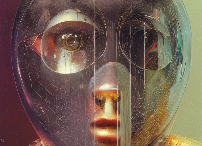 Prompt: a portrait headshot of sci fi metallic human, bright eyes, melancholic complex geometric figure liminal machinery by oskar schlemmer, moebius, john berkey, film grain, oil on canvas, portrait facial head, featured on artstation, hd wallpaper, 8 k, bright colors, global lighting, radiant light