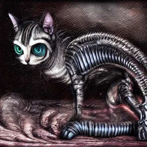 Image similar to a cat styled like a xenomorph, metallic texture, dark, high contrast lighting, Giger