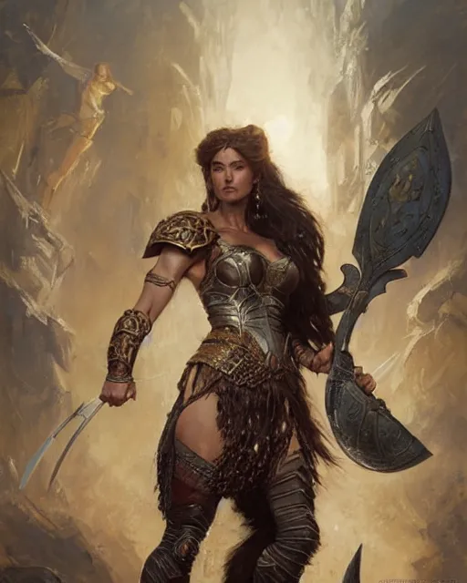 Prompt: a fierce and muscular warrior princess in full armor, fantasy character portrait by greg rutkowski, gaston bussiere, craig mullins, simon bisley