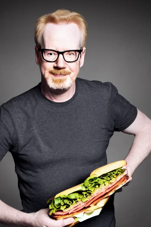 Image similar to 📷 portrait of adam savage the sandwich, food man, still image, dynamic lighting, 4 k