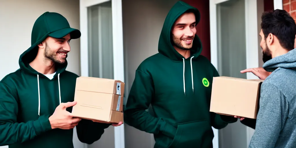 Image similar to delivery-man bring a dark green hoodie, man standing near the house, welcoming the postman receiving package and cry of happiness