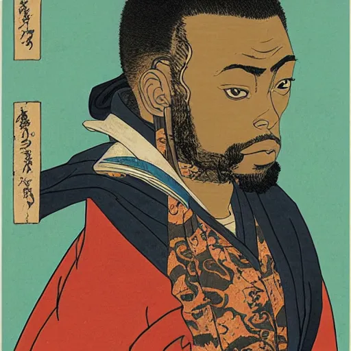 Image similar to GZA rapping, portrait, style of ancient text, hokusai