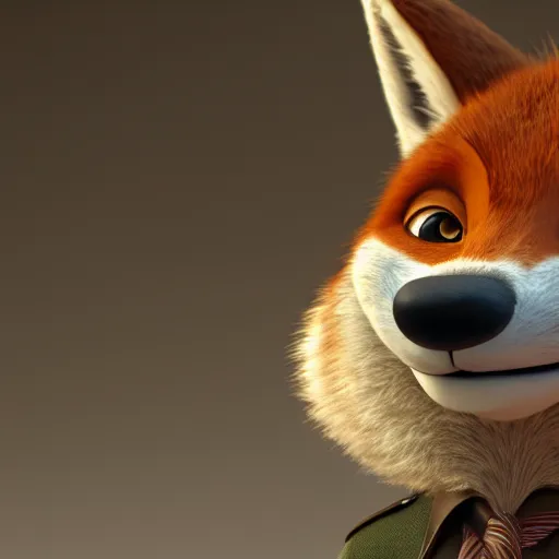 Image similar to 3 d render, portrait, anthropomorphic fox, male, in a brown leather maxi jacket, in the style of zootopia, closeup