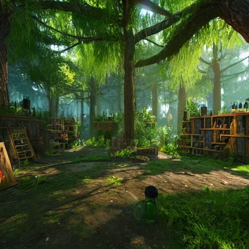 Prompt: beautiful alchemical potion shop in a lush forest, 4k realistic, cryengine