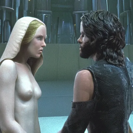 Image similar to a film still of adam and eve ( from the bible ) in star wars 1 9 7 7, realistic, photorealistic