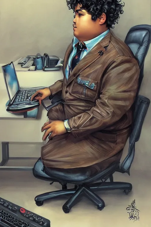 Image similar to painting of a young chubby mexican man with curly hair sitting at his work desk with an incredibly fancy mechanical keyboard, by artgerm and yoshitaka amano, trending on artstation