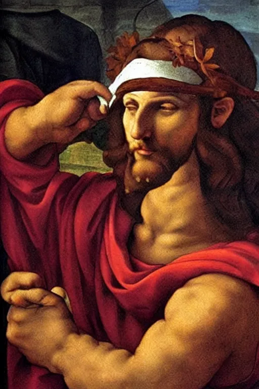 Image similar to michelangelo painting of jesus christ with blindfold!!!!!! holding cornucopia!!!!!!