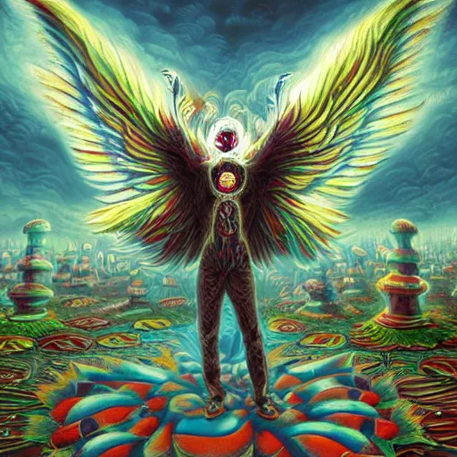 Image similar to A centered chest up portrait of a psychedelic godlike mothman with giant mandala wings smoking a hand-rolled cigarette smoking heavily , magic mushroom village in background , award winning. superb resolution. in the art style of junji Ito and greg rutkowski . Detailed Mushroom city in background. Hyper realistic anime. Perfect art. Dalle2