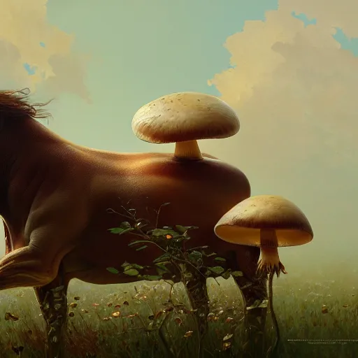 Image similar to photo of a many mushrooms sprouting from a cow's back. highly detailed, digital painting, artstation, smooth, sharp focus, masterpiece, illustration, art by greg rutkowski and alphonse mucha