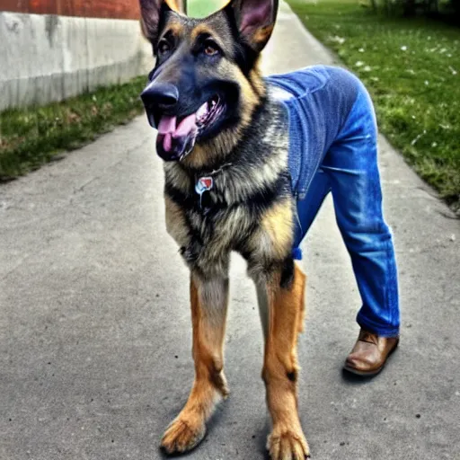 Prompt: a humanoid german shepherd, he wears a gray t - shirt with blue jeans.