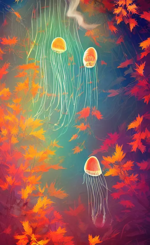 Image similar to jelly fish, autumn light, colorful, smoke, beautiful, by studio ghibli, digital art, concept art, sharp focus, illustration