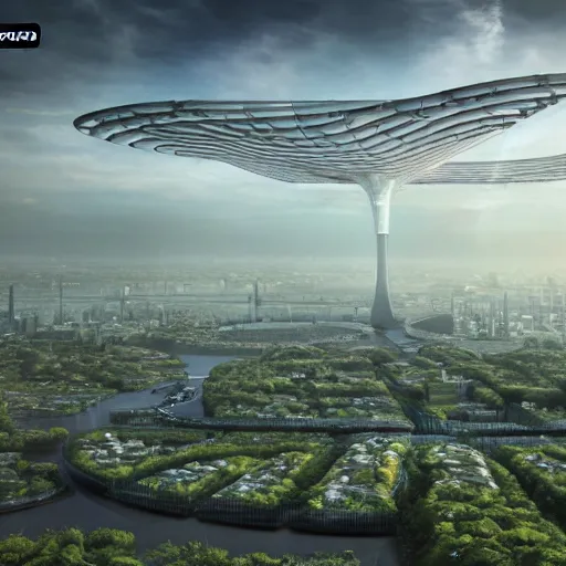 A futuristic sky garden floating over polluted London | Stable Diffusion