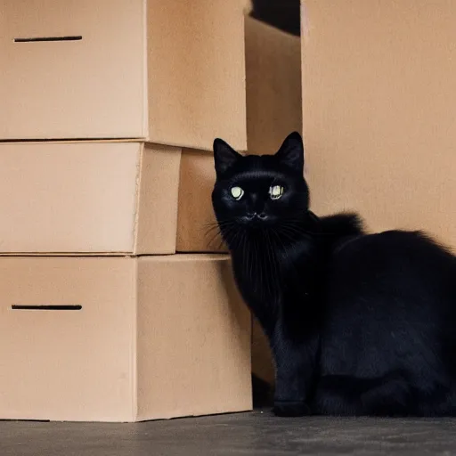 Prompt: a black cat with a white spot on its chest, surrounded by wooden crates