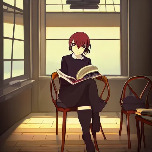 Prompt: a young woman reading a book in a cozy coffee shop, anime key visual, anime screenshot, artstation, loish van baarle