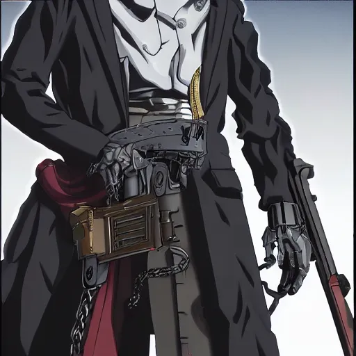 Prompt: a close shot of a grim reaper as gunsliger man in trigun series, skull face, movie shot, anime, hightly detailed, rescalated 4 k, detailed