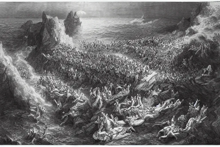 Image similar to aerial view, the biblical crossing of the red sea, Gustave Dore lithography