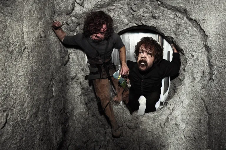 Image similar to peter dinklage climbing out of a toilet, movie still, from the new toxic avenger movie, 8 k, realistic