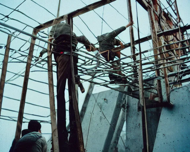 Image similar to lomo photo of roofjumpers climbing on roof of soviet hrushevka, small town, cinestill, bokeh, out of focus