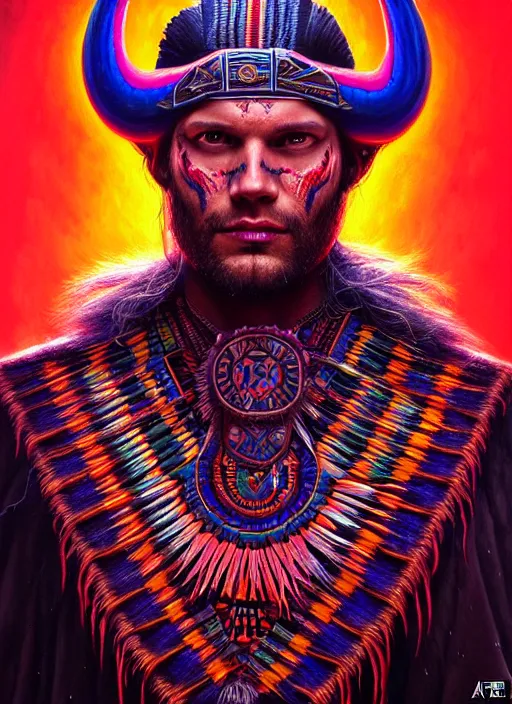 Prompt: portrait of jared padalecki, hyper detailed ultra sharp aztec shaman warrior. trending on artstation, warpaint aesthetic, bloodwave, colorful, psychedelic, ornate, intricate, digital painting, concept art, smooth, sharp focus, illustration, art by artgerm and greg rutkowski and h. r. giger, 8 k