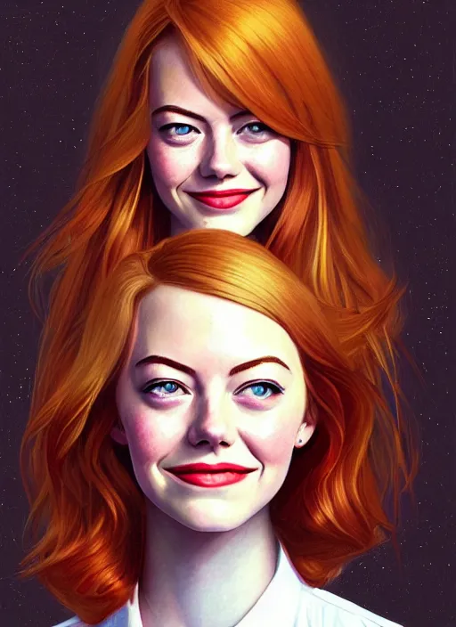Image similar to portrait of teenage emma stone, long haircut, flowing ginger hair, white shirt, red tie, smiling kindly, soviet house at background, 1 9 8 0 s, intricate, elegant, glowing lights, highly detailed, digital painting, artstation, concept art, smooth, sharp focus, illustration, art by wlop, mars ravelo and greg rutkowski