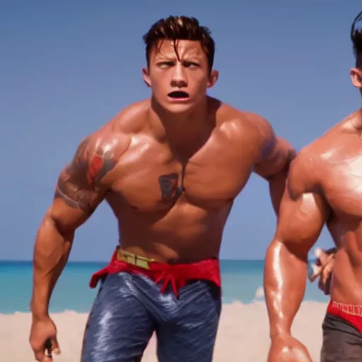 Image similar to Dwayne Johnson and Tom Holland in Baywatch. Movie still frame. 4k UHD.