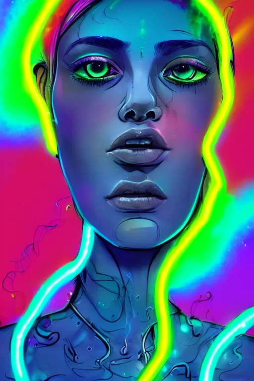 Image similar to a award winning half body portrait of a beautiful woman with stunning eyes in a croptop and cargo pants with hair like rainbow colored smoke by josan gonzales, outlined by whirling illuminated neon lines, outrun, vaporware, shaded flat illustration, digital art, trending on artstation, highly detailed, fine detail, intricate