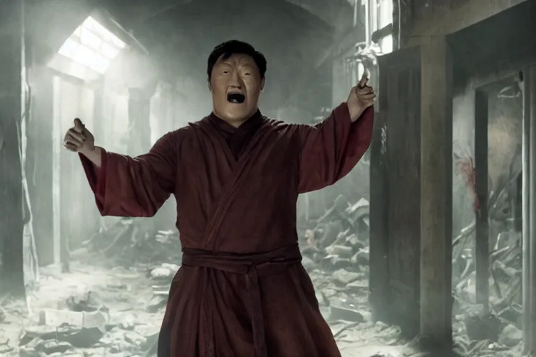 Image similar to film still of zombie zombie Benedict Wong as a zombie in full robes opening a sling portal in new avengers movie, 4k