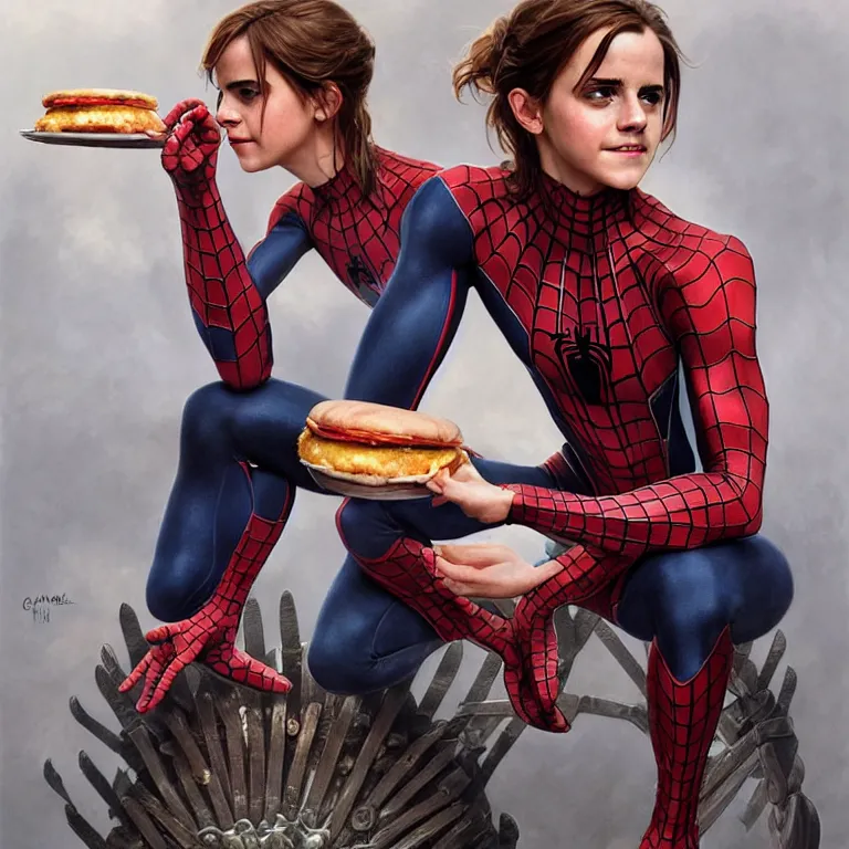 Image similar to emma watson in a spiderman suit sitting on the iron throne, eating a hamburger, gentle expression, elegant clothing, photorealistic, highly detailed, artstation, smooth, sharp focus, art by michael whelan, artgerm, greg rutkowski and alphonse mucha