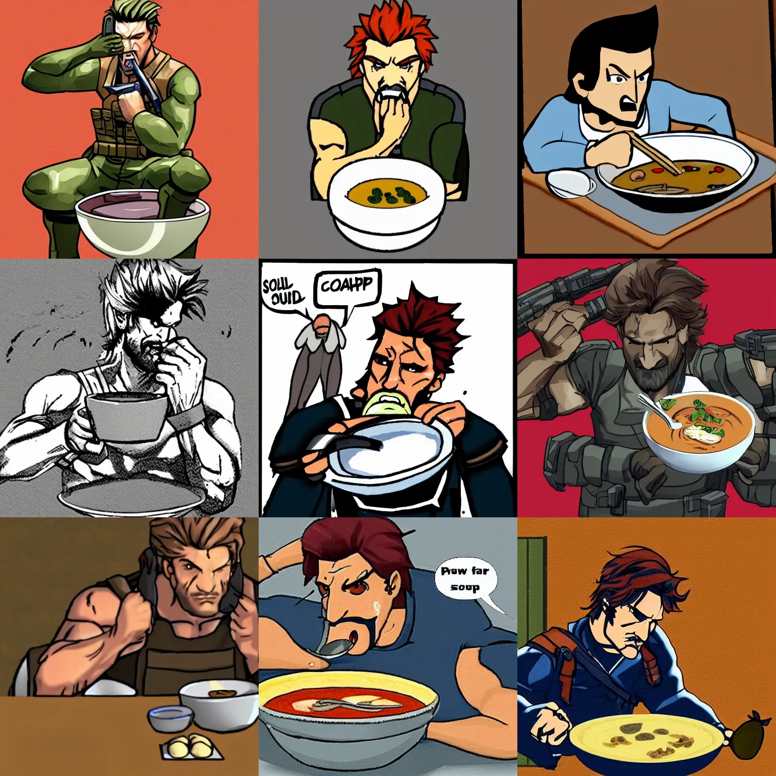 Prompt: solid snake eating a bowl of soup with his hands