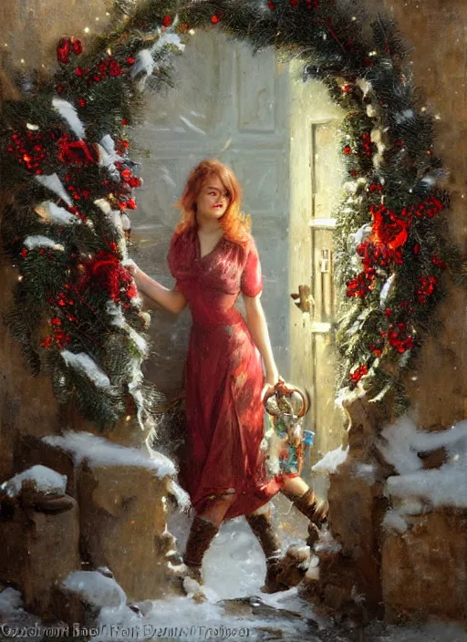 Prompt: emma stone opening door, wreath on door, christmas, artwork by gaston bussiere, craig mullins, trending on artstation