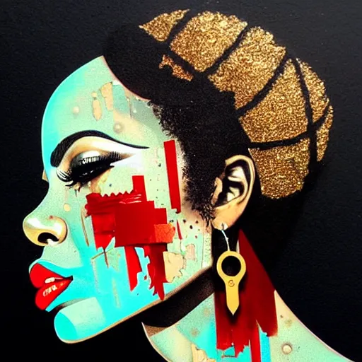 Prompt: side profile of a black woman :: in ocean :: clockwork details :: gold :: blood and horror :: by vikings and Sandra Chevrier