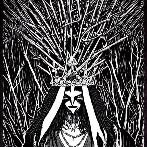 Image similar to detailed print of man wearing corpse paint and a crown on thorns with long black hair. Artwork by Junji Ito and dan Mumford