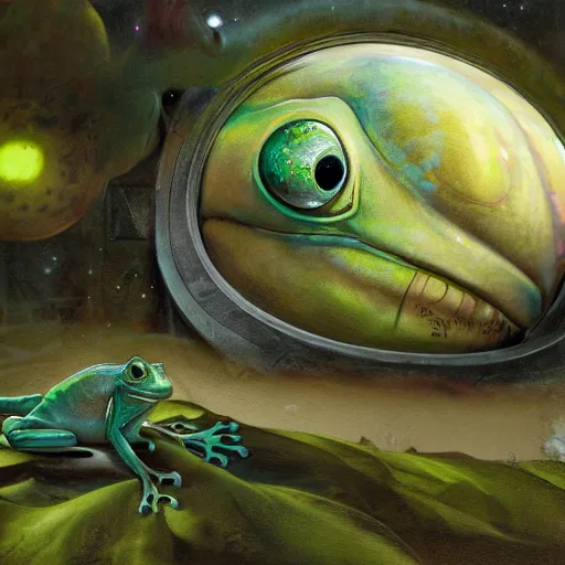 Image similar to long shot of a froggy alien, by esao andrews, by m. w. kaluta, by james web telescope, by ridley scott, ultra humorous beautiful oil painting, cinematic space scenery, small depth of field, depth perception, volumetric light, rich colors, 3 d octane render, 8 k, conceptart, hyperdetailed, hyperrealistic, trending on artstation