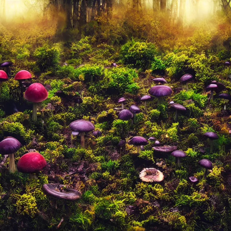 Image similar to a planet of various fungus like trees, mushrooms, flowers and plants, artistic photography, conceptual, long exposure outside the city, volumetric light