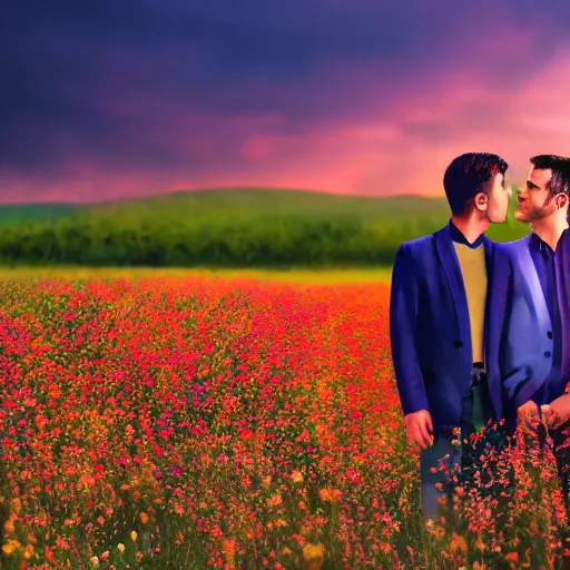 Image similar to a gay couple in their 30s together in a field of flowers at sunset, realistic, intricate, 4k